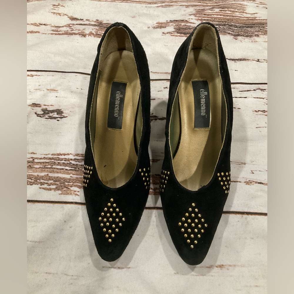 VINTAGE ELLEMENNO LEATHER SHERRY BLACK PUMPS‎